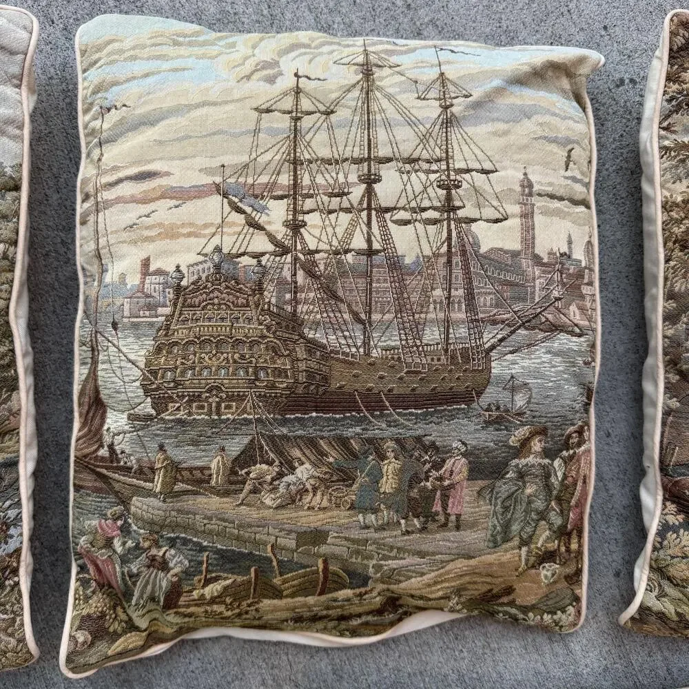 Set 5 Vintage European Tapestry Throw Pillows 16x16 Scenic Italy Decor